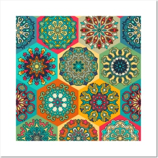 Vintage patchwork with floral mandala elements Posters and Art